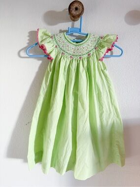Remember Nguyen Lime Green Smocked Flutter Sleeve Bishops Dress with Pink Trim